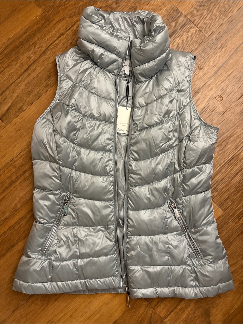 Calvin Klein Silver Quilted Puffer Vest with High Collar